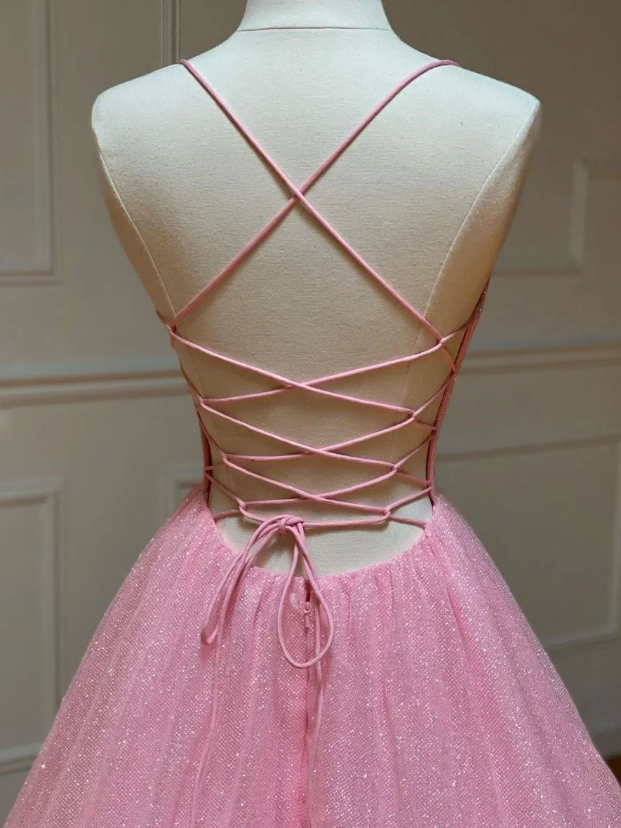 Pink V Neck Long Prom Dress Pink A-line Sequin Tulle Evening Dress