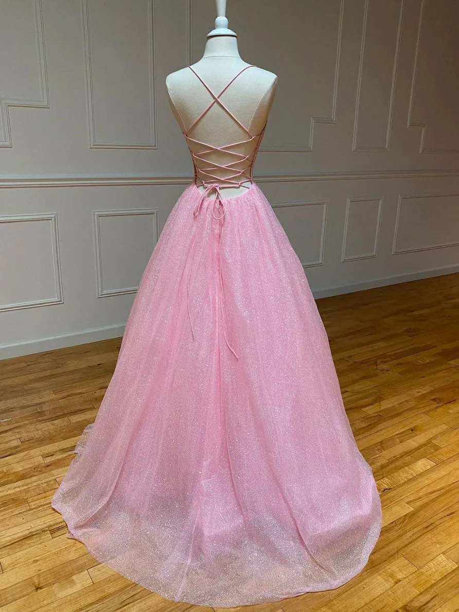 Pink V Neck Long Prom Dress Pink A-line Sequin Tulle Evening Dress