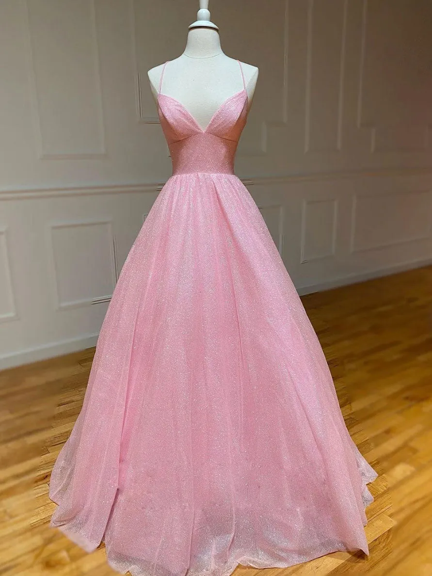 Pink V Neck Long Prom Dress Pink A-line Sequin Tulle Evening Dress