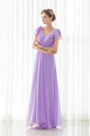 Purple Chiffon V-neck Backless Pleats Long Bridesmaid Dresses