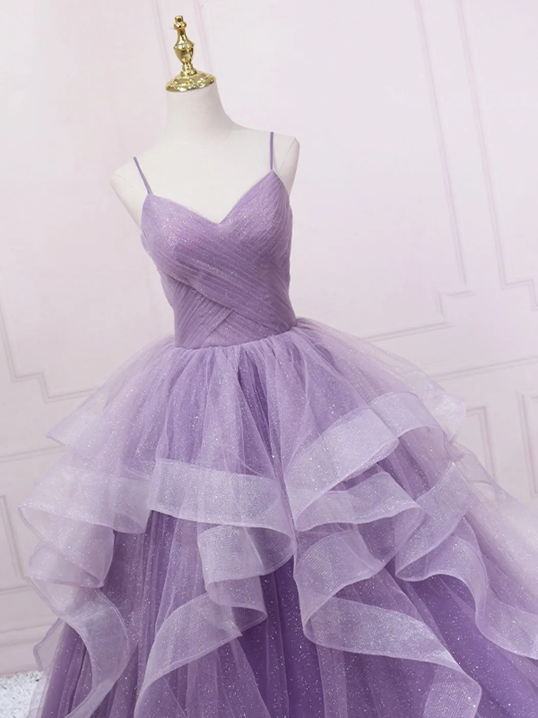 Purple V Neck Tulle Sequin Long Prom Dress Purple Tulle Formal Party Dress