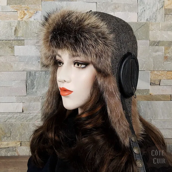 Raccoon Fur Aviator Hat, Tweed and Black Leather - William Model