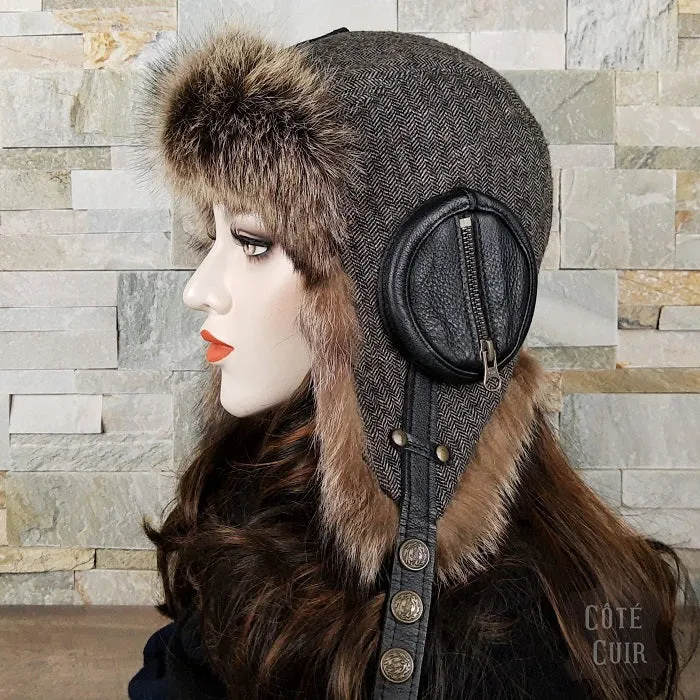 Raccoon Fur Aviator Hat, Tweed and Black Leather - William Model