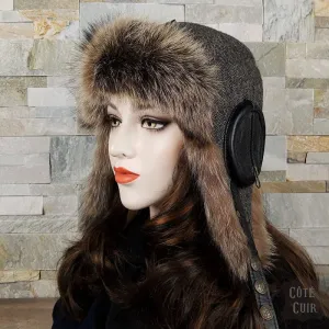 Raccoon Fur Aviator Hat, Tweed and Black Leather - William Model