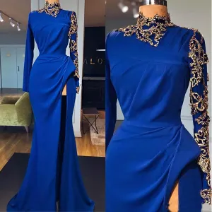 Royal Blue Mermaid Prom Dresses High Neck Long Sleeves Side Split Gold Appliques Evening Gowns