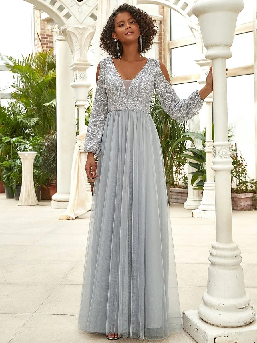 Sequin V-Neck Cold Shoulder Puff Sleeve Tulle Pleated Evening Dress