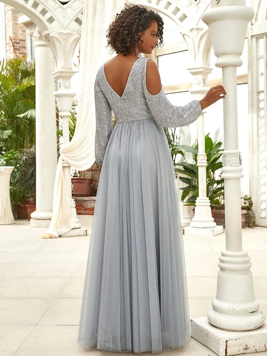 Sequin V-Neck Cold Shoulder Puff Sleeve Tulle Pleated Evening Dress