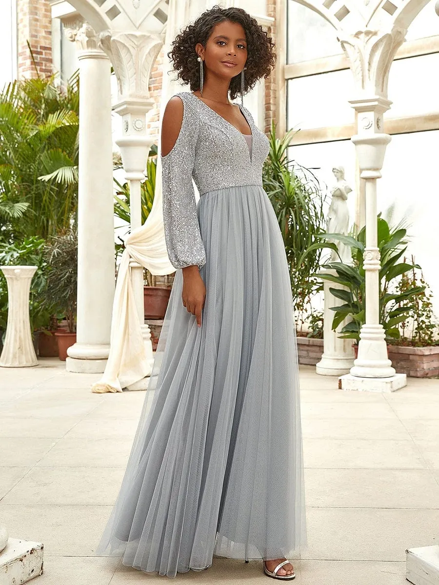 Sequin V-Neck Cold Shoulder Puff Sleeve Tulle Pleated Evening Dress