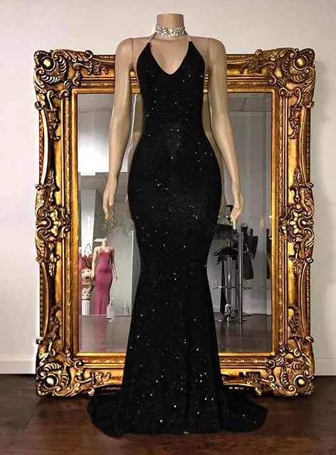 Sexy 2025 Black Halter Mermaid Sequence Backless Prom Dresses