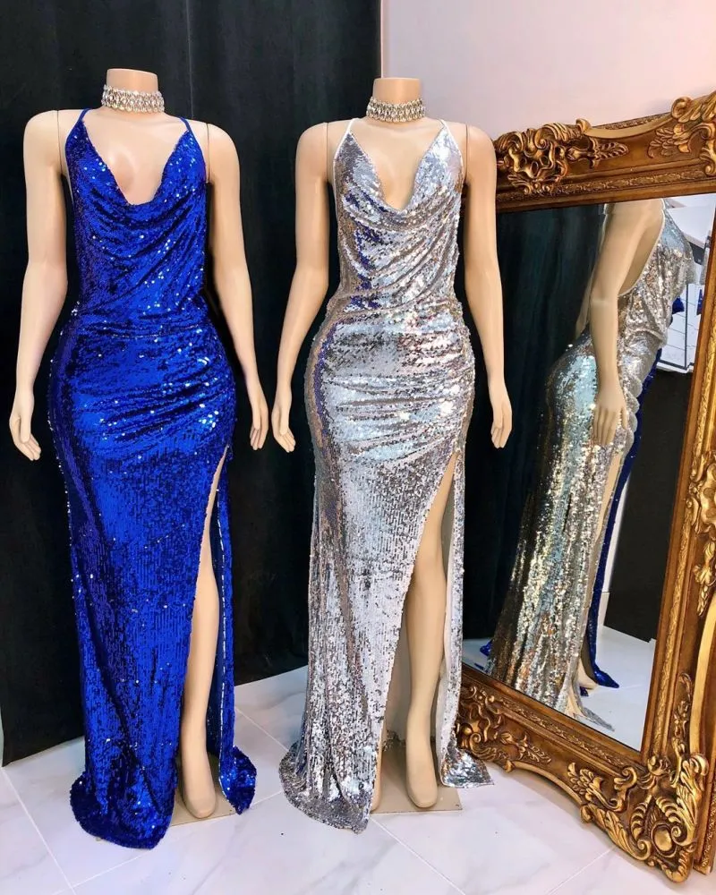 Shinning Sequins V-neck Sleeveless Front Slit Mermaid Prom Dresses