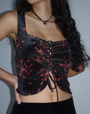 Taula Cropped Corset Top in Rose Cluster Velvet