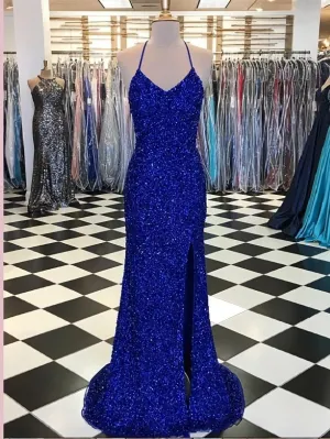 Trumpet Mermaid Royal Blue Long Prom Dresses Spaghetti Straps Beading Evening Gowns