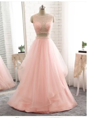 Two Piece Long Prom Dresses Pink Tulle Floor Length Formal Gowns