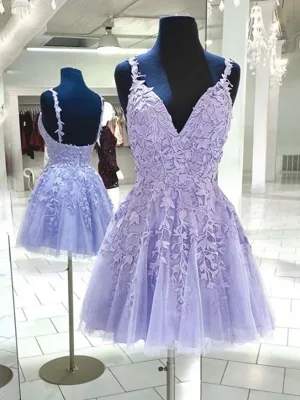 V Neck Backless Purple Lace Short Prom Dresses, Open Back Purple Short Lace Formal Homecoming Dresses